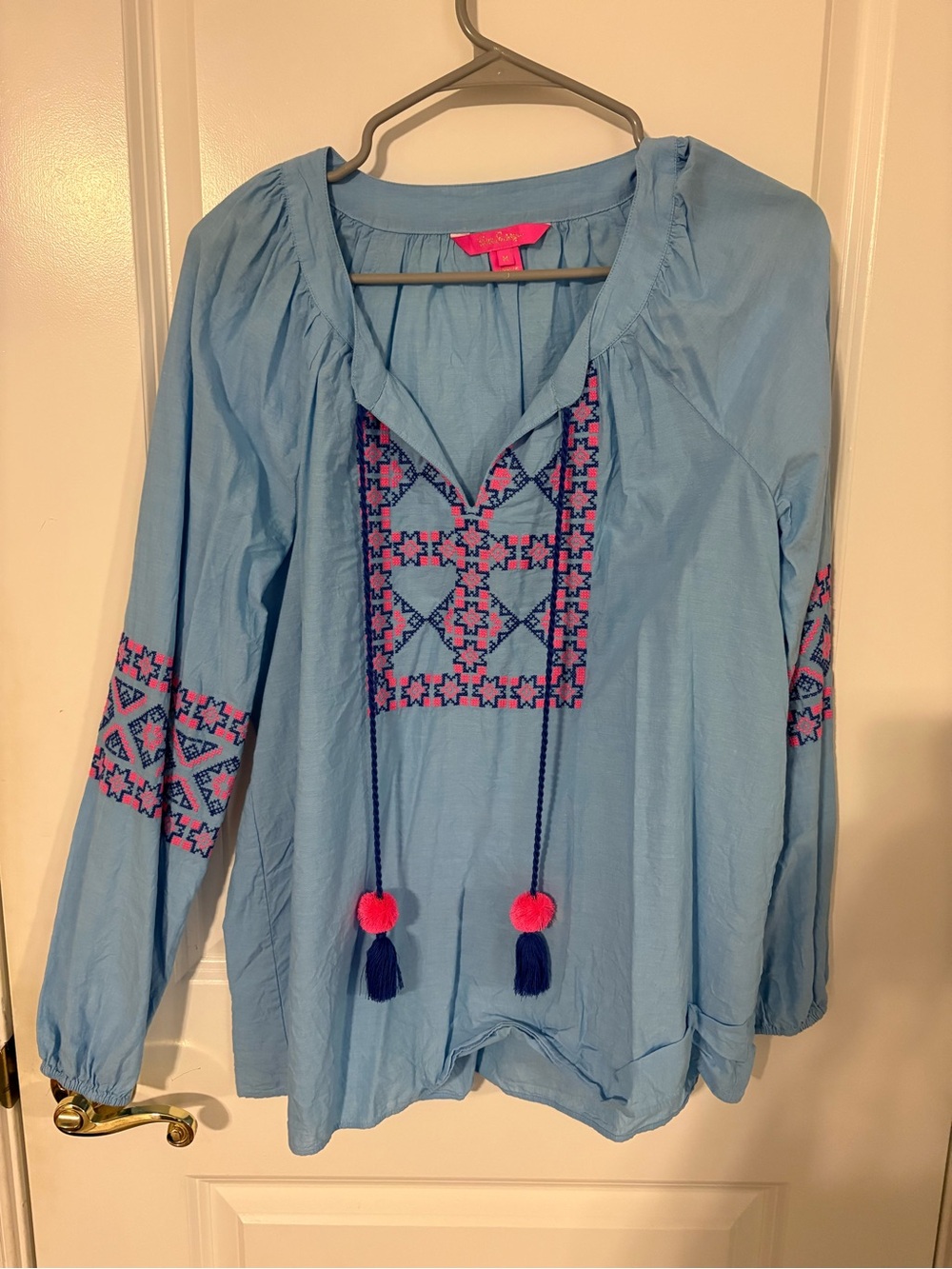 Women’s Light Blue Embroidered Peasant Blouse with Tassels